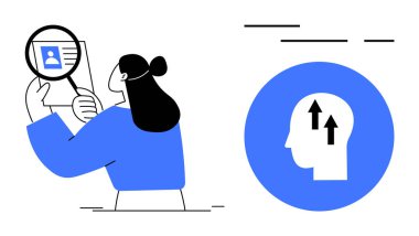 Profil fotoğrafı görünen büyüteç tutan kişi ve yukarı doğru ok atan kafa simgesi. İş analizi, kişisel gelişim, işe alım, iş arama, insan kaynakları için ideal. Düz sanat