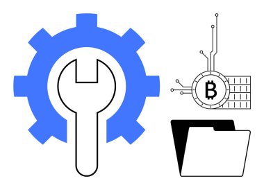 Mavi dişlinin içinde büyük bir anahtar, devre çizgileri olan bitcoin sembolü ve açık klasör. Teknoloji, finans, yazılım bakımı, kripto para birimi ve veri yönetimi bağlamları için ideal. Modern, temiz