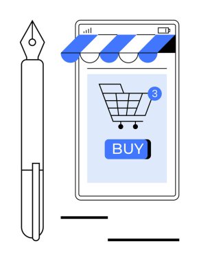 İçinde eşyalar olan bir alışveriş arabası ve dolmakalem olan bir satın alma düğmesi gösteren mobil bir cihaz. E-ticaret, dijital işlemler, online alışveriş, mobil uygulamalar ve perakende pazarlama için ideal. Özet
