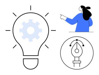 İşaret eden kişi, dişli sembollü ampul, yuvarlak kenarlı kalem tasarım aleti. Yaratıcılık, yenilik, teknoloji, tasarım ve ilham için ideal. Basit modern biçim
