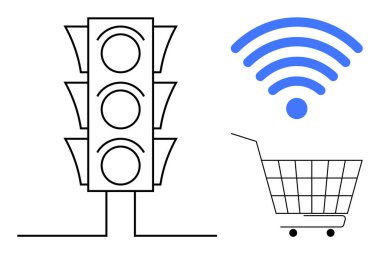 Bir trafik lambası, mavi bir kablosuz sembol ve bir alışveriş arabası. Ulaşım, teknoloji, alışveriş, bağlantı, şehir hayatı, modern iletişim, perakende, dijital ticaret, minimalist için ideal