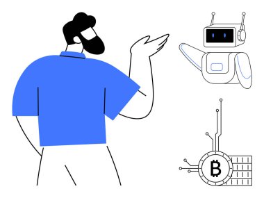 Mavi gömlekli bir adam robot ve Bitcoin sembolüne işaret eder. Ekran benzeri yüzü olan robot robotu simgeler, Bitcoin sembolü ise kripto para birimini. Teknoloji için ideal