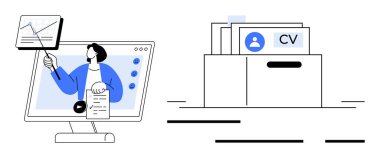 Bilgisayar ekranında CV klasörlü dosya dolabının yanında grafik çizelgesi ve belge sunumu yapan kişi. İş başvuruları, çevrimiçi kurslar, kurumsal eğitim, sunumlar için ideal