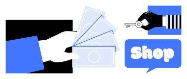 Üzerinde dükkan işareti olan bir anahtarın yanında dolar tutan bir el. Temalar çevrimiçi alışveriş, ödeme işleme, e-ticaret, tüketici işlemleri ve iş hizmetleri için ideal. Modern