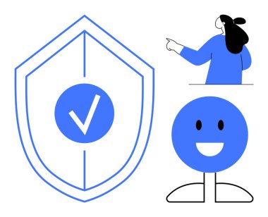 İşaretli bir kalkan, işaret eden bir kişi ve gülümseyen bir yüz. Güvenlik, koruma, kullanıcı deneyimi, güven ve tatmin teması için ideal. Modern, temiz, minimalist.