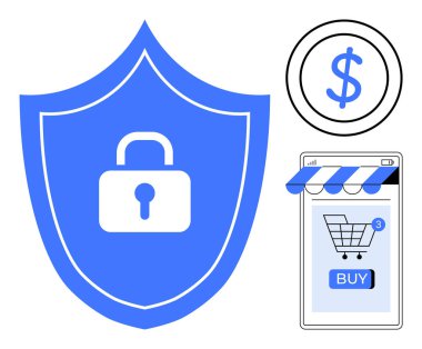 Kilitli mavi bir kalkan güvenliği temsil eder. Yakınlarda bir para birimi sembolü ve çevrimiçi alışverişi gösteren bir alışveriş arabası olan gezici bir ekran var. Çevrimiçi güvenlik, e-ticaret ve dijital için ideal