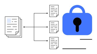 Veri korumasını temsil eden bir kilide bağlı belgeler. Siber güvenlik, veri gizliliği, güvenli depolama, bilgi yönetimi ve çevrimiçi güvenlik için ideal. Modern düz tasarım