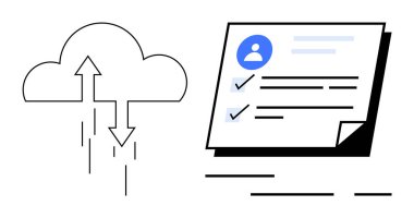 Yukarı ve aşağı işaret eden okları olan bulut veri transferini görselleştirir. Komşu belge, kullanıcı avatarıyla kontrol listesini gösterir. Veri yönetimi, bulut hesaplama, dijital belgeler ve teknoloji için ideal