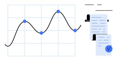 Bir ızgarada mavi veri işaretli bir çizgi grafiği ve kontrol işaretli bir fatura makbuzu. Finansal raporlar, iş analizleri, ekonomik eğilimler, muhasebe ve veri görselleştirme için ideal. Temiz