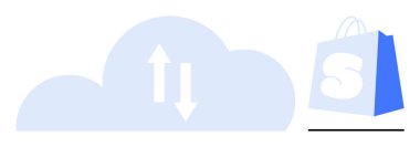 Üzerinde S harfi olan mavi ve beyaz bir alışveriş çantasının yanında yukarı ve aşağı okları olan mavi bir bulut. Bulut depolama, online alışveriş, e-ticaret, dosya transferi, dijital hizmetler için ideal. Basit vektör biçimi