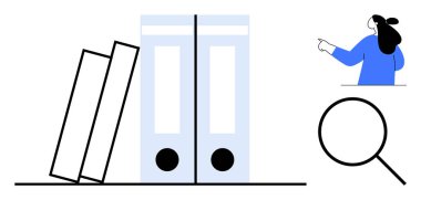 İki dik klasörün yanında iki eğimli klasör, bir büyüteç ve bir kişi işaret ediyor. Organizasyon verimlilik bürosu için ideal belge yönetimi ve araştırma temaları. Basit modern biçim