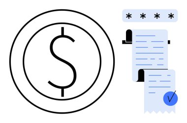 Büyük dolar işareti, işaretli makbuzlar ve güvenli ödemeleri gösteren bir şifre. Finansal işlemler, çevrimiçi ödemeler, muhasebe, güvenlik ve e-ticaret için ideal. Resmedilmiş