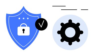 Mavi kalkanda kilit simgesi ve işaret var. Açık mavi dairede siyah dişli sembolünün yanında. Siber güvenlik, veri koruması, sistem bütünlüğü, bilişim hizmetleri, giriş doğrulaması için ideal. Basitleştirilmiş