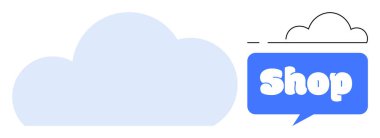 Mavi bulut ve konuşma balonu. İnternet mağazası için ideal. E-ticaret için ideal. İnternet alışverişi için ideal. Dijital perakende için ideal. Bulut temelli alışveriş için ideal. Basit ve modern stil