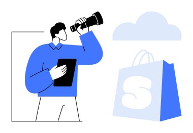 Teleskop ve tablet taşıyan bir adam, alışveriş torbası ve bulutun yanında. Çevrimiçi alışveriş, bulut bilgisayarı, teknoloji, gelecek planlama, piyasa araştırması için ideal. Mavi tonlu basit vektör biçimi