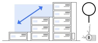 Blue arrow pointing upwards emphasizes growth of server stacks. Ideal for blockchain technology, cryptocurrency mining, data centers expansion, fintech innovations, and digital asset management clipart