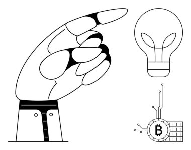 Yukarı bakan bir robot el, fikirleri sembolize eden bir ampul ve yenilik ve teknolojiyi işaret eden bir kripto para birimi sembolü. Teknoloji, yenilik, kripto para birimi, robotik ve modern için ideal.