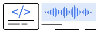Işık arkaplanındaki mavi ses dalgası formunun yanında bir kodlama sembolü. Teknoloji kodlaması için ideal web geliştirme ses işleme modern tasarım ve dijital arayüzler. Temiz basit biçim