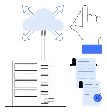 Sunuculara bağlanan okları olan bulut, etkileşimi gösteren bir parmak hareketi ve belge parşömenleri. Bulut teknolojisi, veri depolama, dijital etkileşim, sunucu yönetimi ve dijital için ideal