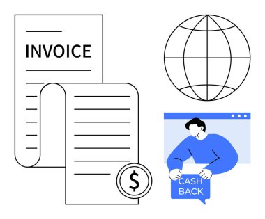 Bir dolar sembollü iki fatura belgesi, bir küre ve elinde nakit para levhası olan bir kişi. Çevrimiçi ödemeler, fatura, küresel finans, nakit para ödülleri ve dijital