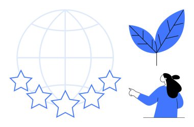 Beş yıldızlı bir dünya ve yaprağı gösteren bir kadın. Küresel tanıma için ideal sürdürülebilirlik çevre dostu girişimler, doğanın korunması için çevresel farkındalık sağlar. Basit modern biçim