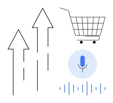 Üç yukarı doğru ok, bir alışveriş arabası ve ses tanıma sembolü, e-ticaret eğilimleri için ideal, perakende büyüme perakende büyümesi için ses bazlı alışveriş pazarı analizi ve dijital yenilik için modern