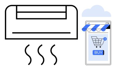 Klima ve alışveriş arabalı akıllı telefon. Çevrimiçi alışveriş, e-ticaret, ev aletleri, konfor, dijital pazar yeri için ideal. Basit, modern, temiz bir tarz.