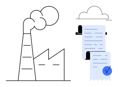 Duman bacası ve bulut ile bağlantılı belgeler olan bir fabrika. Endüstri, çevre, veri, iş, uyum için idealdir. Basit satır sanatı biçimi