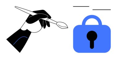 Mavi asma kilidin yanında resim ve güvenlik karışımını sembolize eden bir fırça tutan el. Dijital güvenlik, yaratıcı özgürlük, güvenli tasarım, çevrimiçi mahremiyet ve yenilik için ideal. Basit modern.