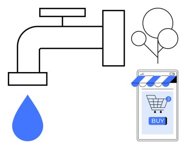 Mavi damlası olan bir musluk, yapraklar için basitleştirilmiş halkaları olan bir ağaç ve satın alma düğmesi olan bir alışveriş arabasını gösteren bir akıllı telefon. Çevre dostu alışveriş ve mobil perakende için ideal.