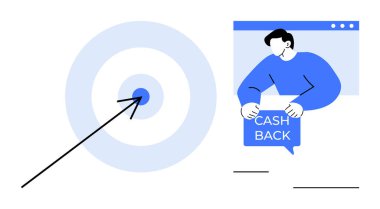 Bir ok hedefi vurduğunda elinde nakit para işareti olan kişi pazarlama için idealdir, iş stratejisi finansal teşvikler tüketici katılımını ve çevrimiçi alışveriş Temiz modern biçim vektörü