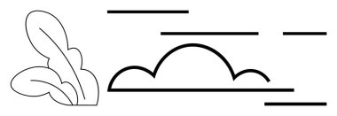 Soldaki yaprakların basit siyah beyaz çizimi ve ortasında yatay çizgileri olan bir bulut. Doğa temaları, minimalist sanat, soyut kavramlar, modern dekor ve grafik tasarım için idealdir.