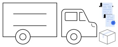 Belgeler ve paketin yanında basit bir teslimat kamyonu çizimi. Lojistik, nakliye, ulaşım, teslimat hizmetleri ve kurye şirketleri için ideal. Asgari