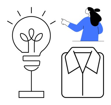 İçinde yapraklar olan bir ampulün minimalist tarzda çizimi, bir kişinin işaret etmesi ve katlanmış bir gömlek. Yaratıcılık, yenilik, profesyonellik, tasarım ve iş teması için ideal. Basit ve temiz.