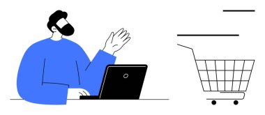 Bir adam alışveriş arabasının yanında dizüstü bilgisayar kullanırken el sallıyor. Çevrimiçi alışveriş, e-ticaret, dijital pazarlama, müşteri hizmetleri ve teknoloji gibi konular için idealdir. Mavili minimalist vektör biçimi