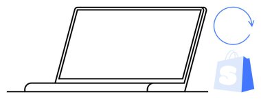 Komşu dairesel oku ve alışveriş çantası olan bir dizüstü bilgisayarın minimalist taslağı. E-ticaret, çevrimiçi alışveriş, teknoloji, dijital pazarlama ve iş sunumları için ideal. Basit satır sanatı