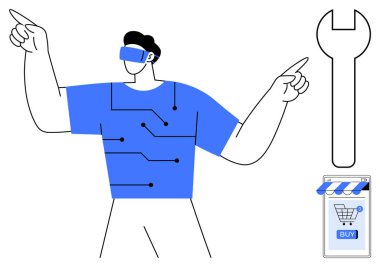 VR kulaklık takan ve işaret eden biri. Dolaşım desenli gömlek. Büyük bir anahtar ve satın alma düğmeli bir mağaza simgesi. Çevrimiçi alışveriş donanım teknolojisi için ideal