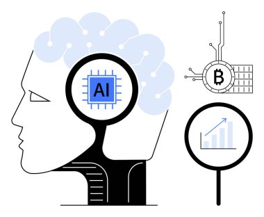 Beyin devresi olan bir insan kafası yapay zekayı sembolize eder, yanında da zincirle ilgili bir sembol ve büyüteç altında bir büyüme grafiği. Teknoloji için ideal, yapay zeka, engelleme zinciri, veri