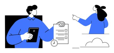 Minimalist bir ortamda işbirliği yapan iki kişi. Bir kişi bir dosya ve belge tutuyor, diğeri gökyüzünü işaret ediyor. Takım işbirliği, iş planlaması ve iletişim için ideal