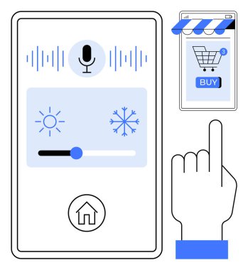 Bir mikrofon ikonu ve ses dalgaları ile ses kontrollü ev otomasyon arayüzü, güneş ve kar tanesi ikonlarıyla ısı kontrol kaydırıcısı, ev ikonu, satın alma düğmeli online alışveriş arabası ve...