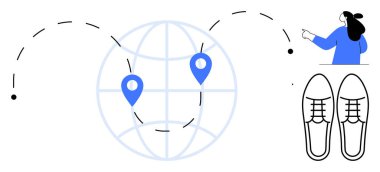 Seyahat güzergahı, harita noktaları, bavulu ve ayakkabısı olan kişi. Seyahat planlama, seyrüsefer, macera, turizm ve dünya çapında geziler için ideal. Mavi ve siyah ile açık çizgi sanat biçimi