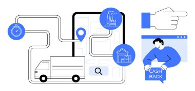 Delivery truck on route map, GPS pinpoints factories and homes, stopwatch indicates time tracking, thumb points right, man holds cash back sign in a simple vector style. Ideal for logistics, delivery clipart