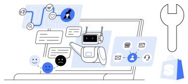 Dizüstü bilgisayarında konuşma baloncukları olan ve sohbet için çeşitli simgeleri olan robot. Çevrimiçi müşteri hizmetleri, e-ticaret, yapay zeka teknolojisi, dijital pazarlama, sohbet robotları için ideal. Minimalist vektör biçimi