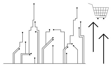 Teknolojiyi temsil eden dijital çizgilerle bağlantılı bir şehir manzarasının çizgi sanatı minimalist çizimi. Alışveriş arabası ve yukarı çıkan oklar online alışveriş büyümesini simgeliyor. Teknoloji için ideal