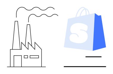 Tütsülenmiş bacaları ve mavi bir alışveriş çantası olan bir fabrikanın taslağı. Ekonomi perakende ticaret endüstrisi imalat ve tüketim temaları için idealdir. Basit temiz minimalist stil