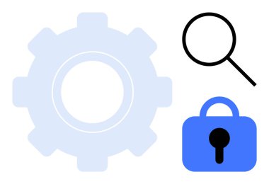 Büyük açık mavi dişli, siyah büyüteç ve mavi kilit. Teknoloji, güvenlik, arama, işlevsellik ve web tasarımı için ideal. Basit cesur biçim