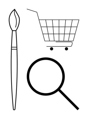 Siyah ve beyaz ikonlar arasında bir boya fırçası, alışveriş arabası ve büyüteç bulunmaktadır. Sanat, alışveriş, arama, minimalizm ve internet sektörü gibi konular için idealdir. Basit satır sanatı tarzı