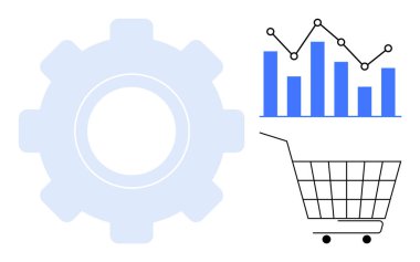 Büyük vites sembolü, mavi bar ve çizgi çizelgesi ve alışveriş arabası taslağı. İş otomasyonu, veri analizi, e-ticaret, teknoloji ve pazarlama stratejisi için ideal. Düz minimalist biçim