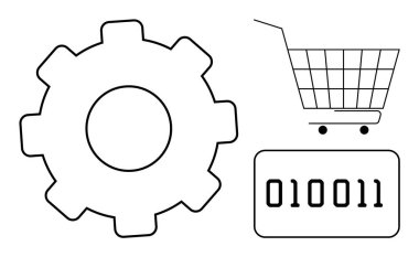 Vites, alışveriş arabası ve ikili kod elemanları. E-ticaret, dijital pazarlama, teknoloji, online alışveriş ve yazılım geliştirme temaları için idealdir. Basit satır biçimi