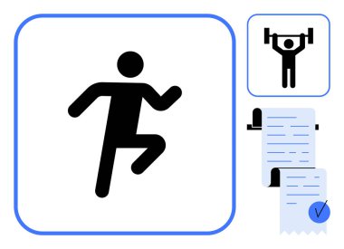 Black stick figure running with weightlifting icon and checklist symbol. Ideal for fitness, health, exercise, workout routines, and organization. Simple and modern style clipart